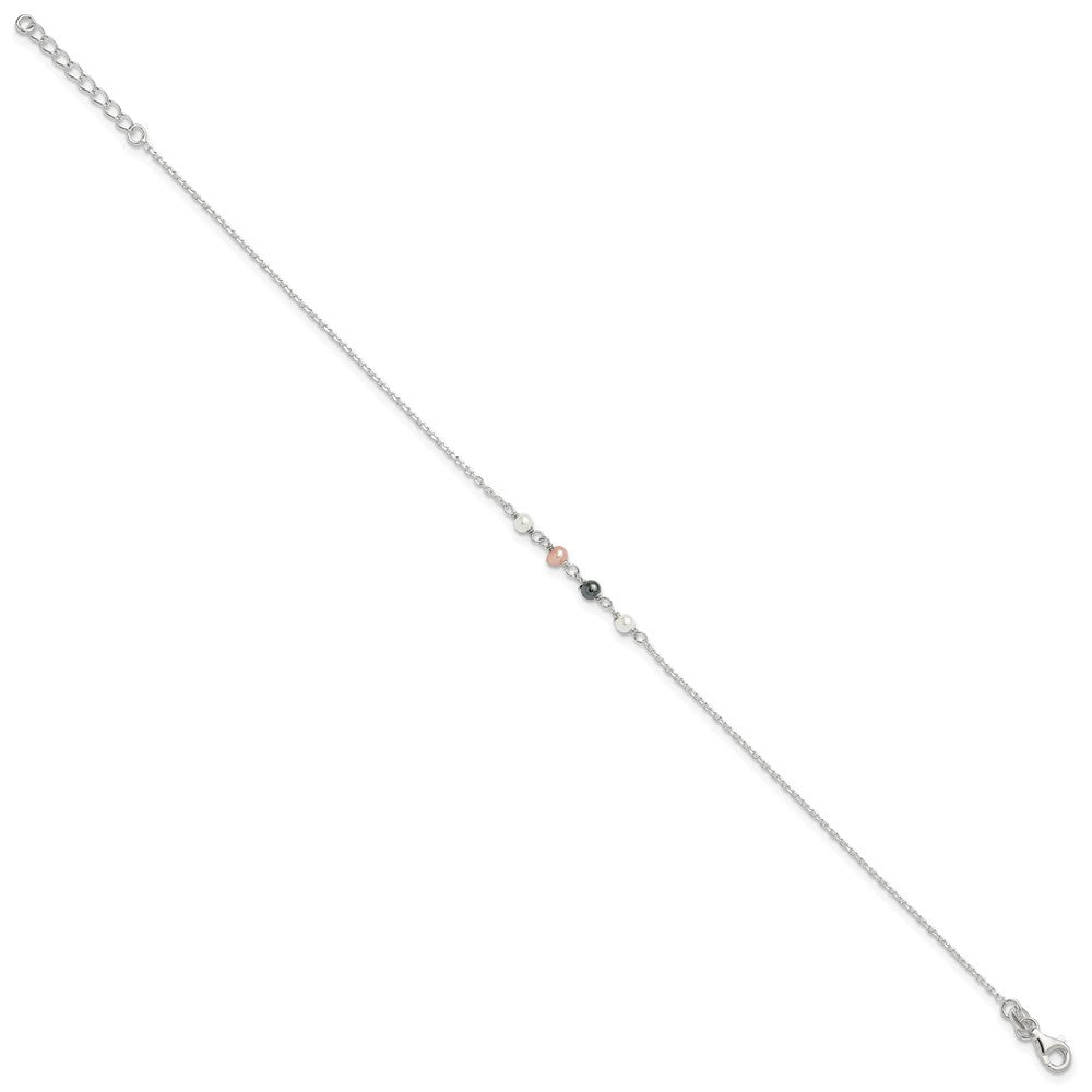 Sterling Silver Pink/Black/White Glass Pearl 8.75 inch Plus 1 inch Extender - Total 9.75 inch Anklet
