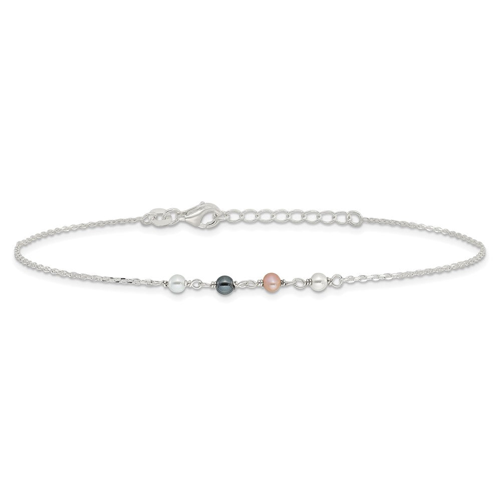 Sterling Silver Pink/Black/White Glass Pearl 8.75 inch Plus 1 inch Extender - Total 9.75 inch Anklet
