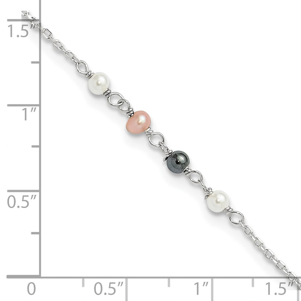 Sterling Silver Pink/Black/White Glass Pearl 8.75 inch Plus 1 inch Extender - Total 9.75 inch Anklet
