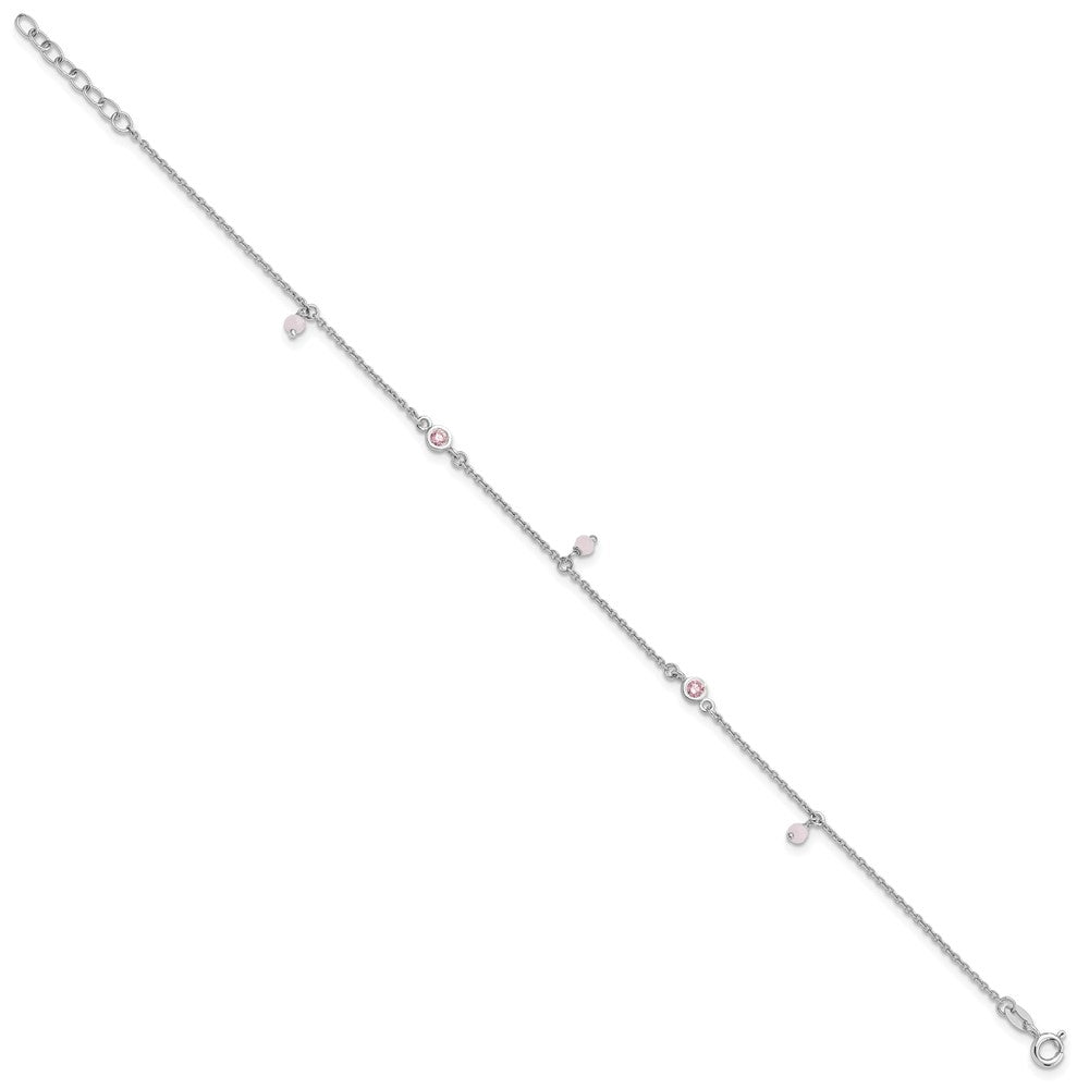 Sterling Silver Rhodium-plated Pink CZ/Glass Beads 9 inch Plus 1 inch Extender - Total 10 inch Anklet