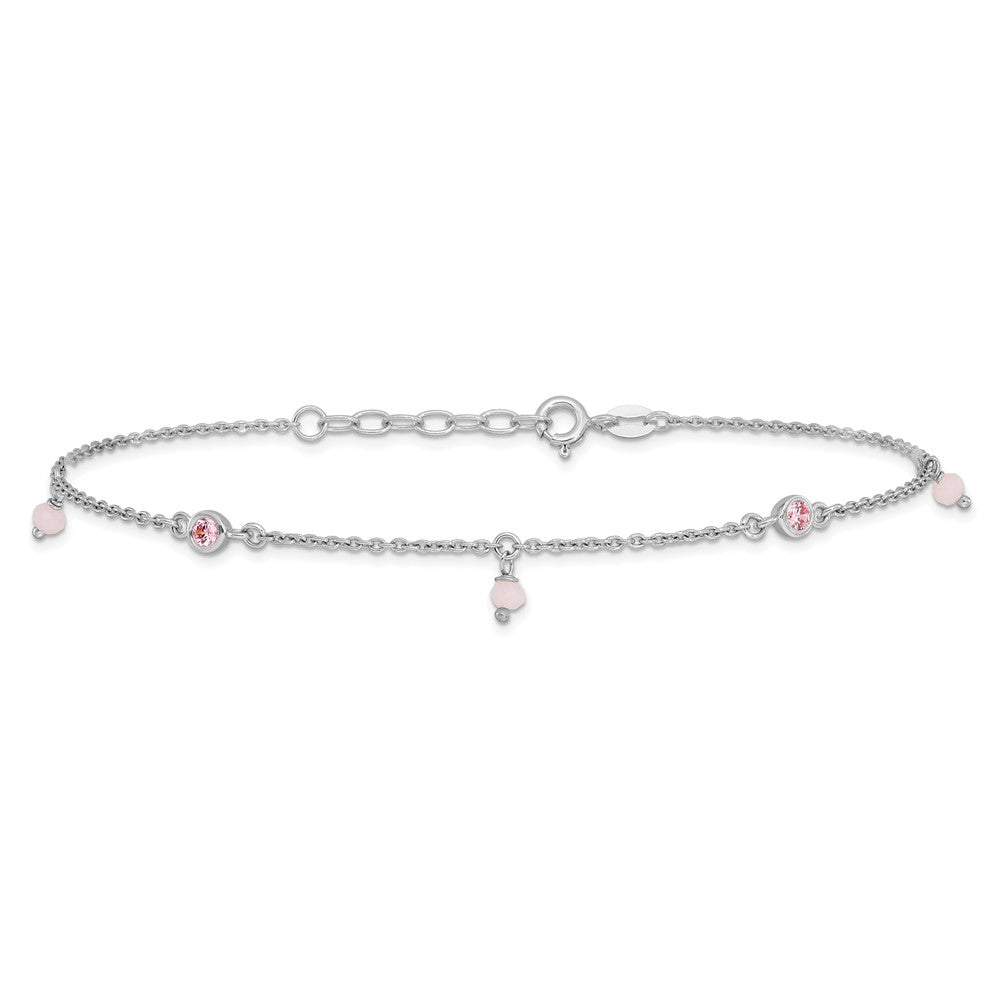 Sterling Silver Rhodium-plated Pink CZ/Glass Beads 9 inch Plus 1 inch Extender - Total 10 inch Anklet