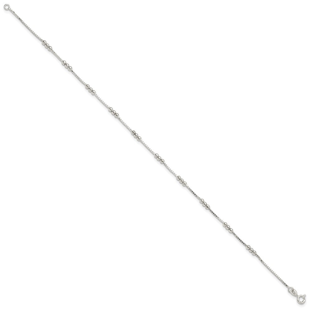 Sterling Silver Polished Beaded Box 10in Anklet