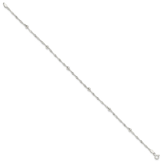Sterling Silver Polished Beaded Singapore 10in Anklet