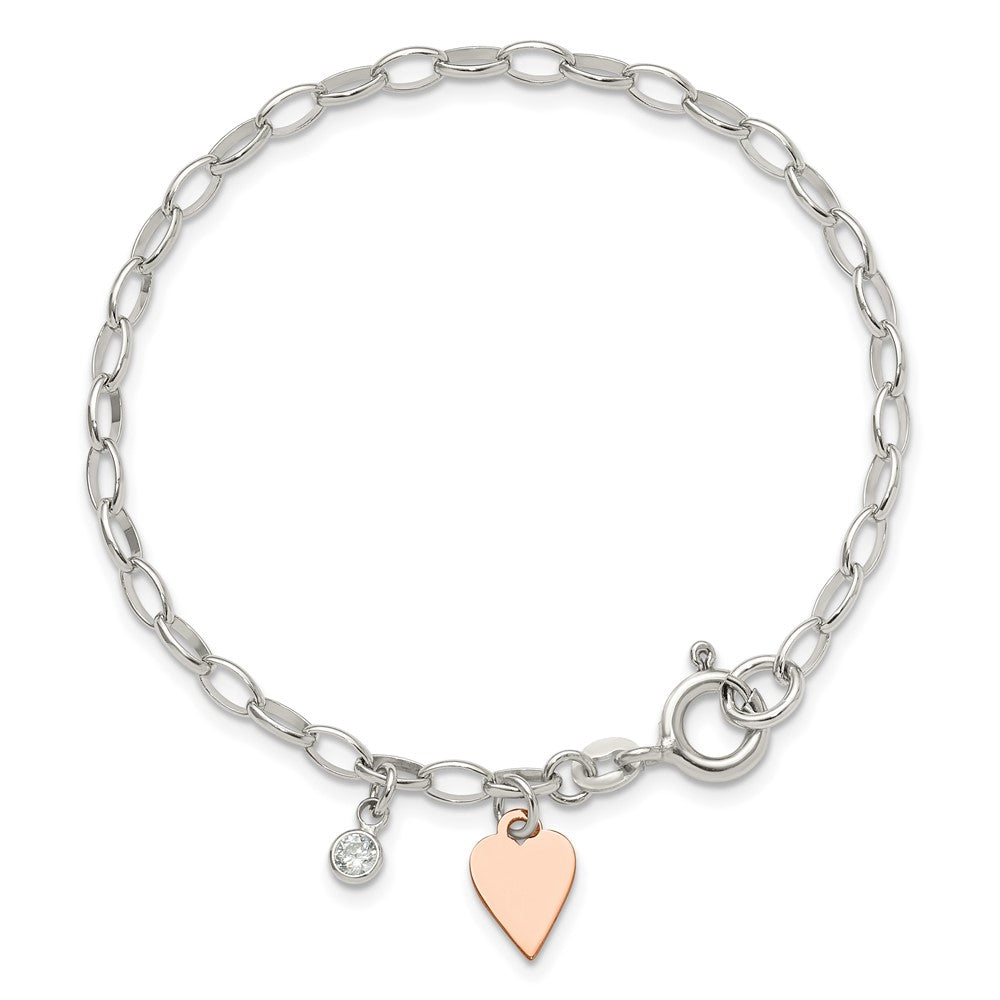 Sterling Silver Rose Gold-plated Polished w/Heart and CZ Link Bracelet