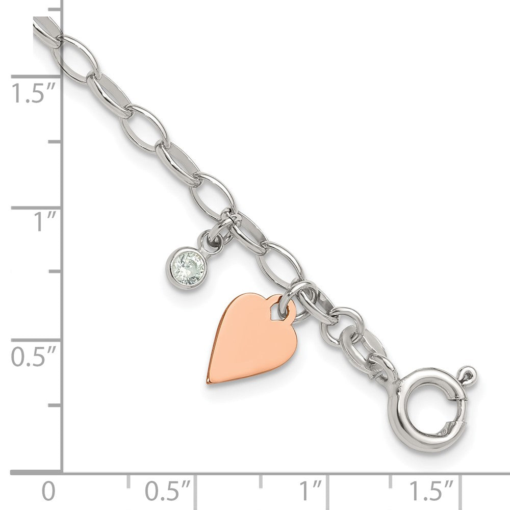 Sterling Silver Rose Gold-plated Polished w/Heart and CZ Link Bracelet