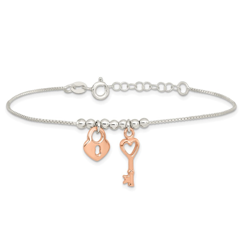 Sterling Silver w/Rose Tone Lock and Key Beaded 7in w/1in ext. Bracelet