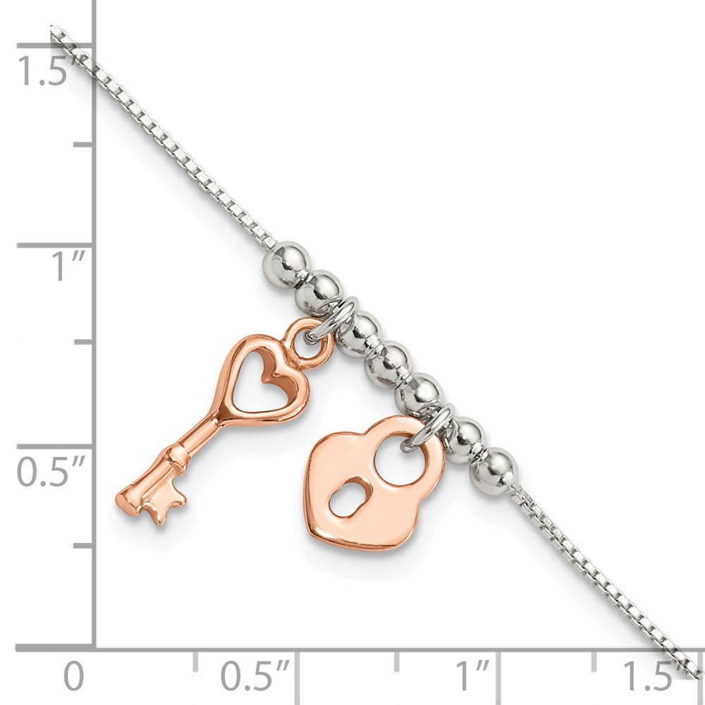 Sterling Silver w/Rose Tone Lock and Key Beaded 7in w/1in ext. Bracelet
