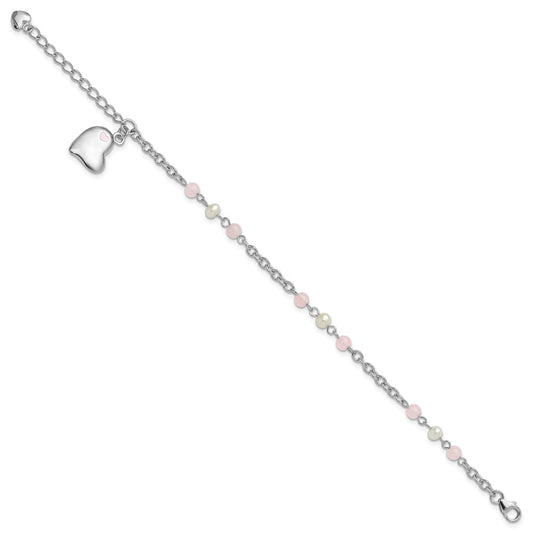 Sterling Silver Rhodium-plated Pink Crystal, White Freshwater Cultured Pearl with Enameled Pink Dangle Heart 6 Inch with 1 Inch Extension Bracelet