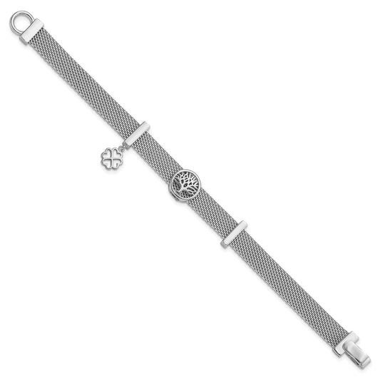 Sterling Silver Rhodium-plated Tree of Life with Clover Dangle Mesh 6.75 inch Bracelet