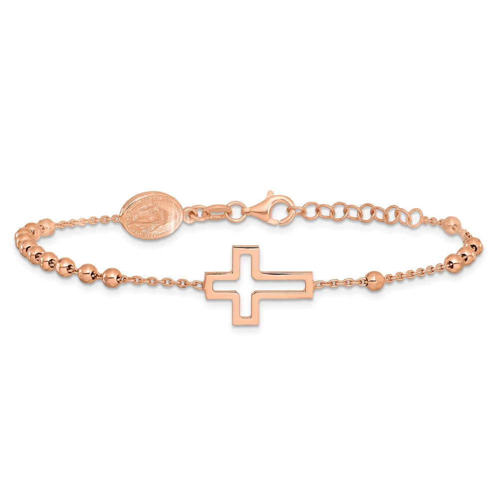 Sterling Silver Rose-tone Rosary Cross 7in w/1in Ext. Bracelet