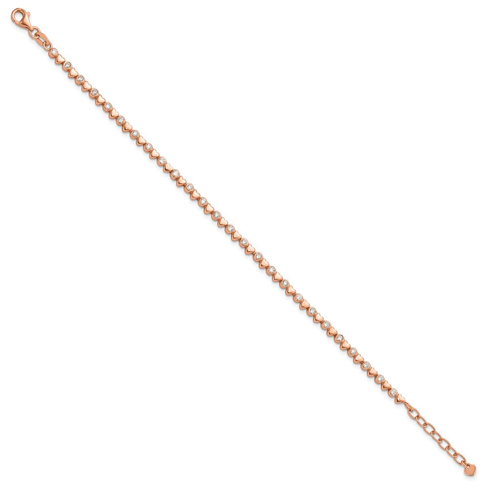 Sterling Silver Rose Tone Polished CZ and Hearts 7in w/1in ext. Bracelet