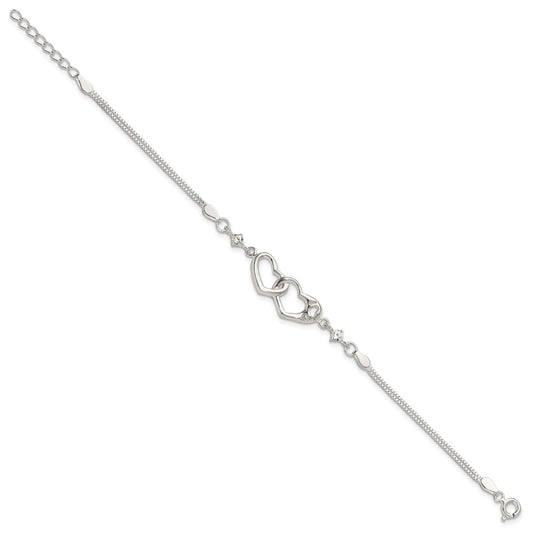 Sterling Silver Rhodium-plated Polished CZ I Heart You w/1in ext Bracelet