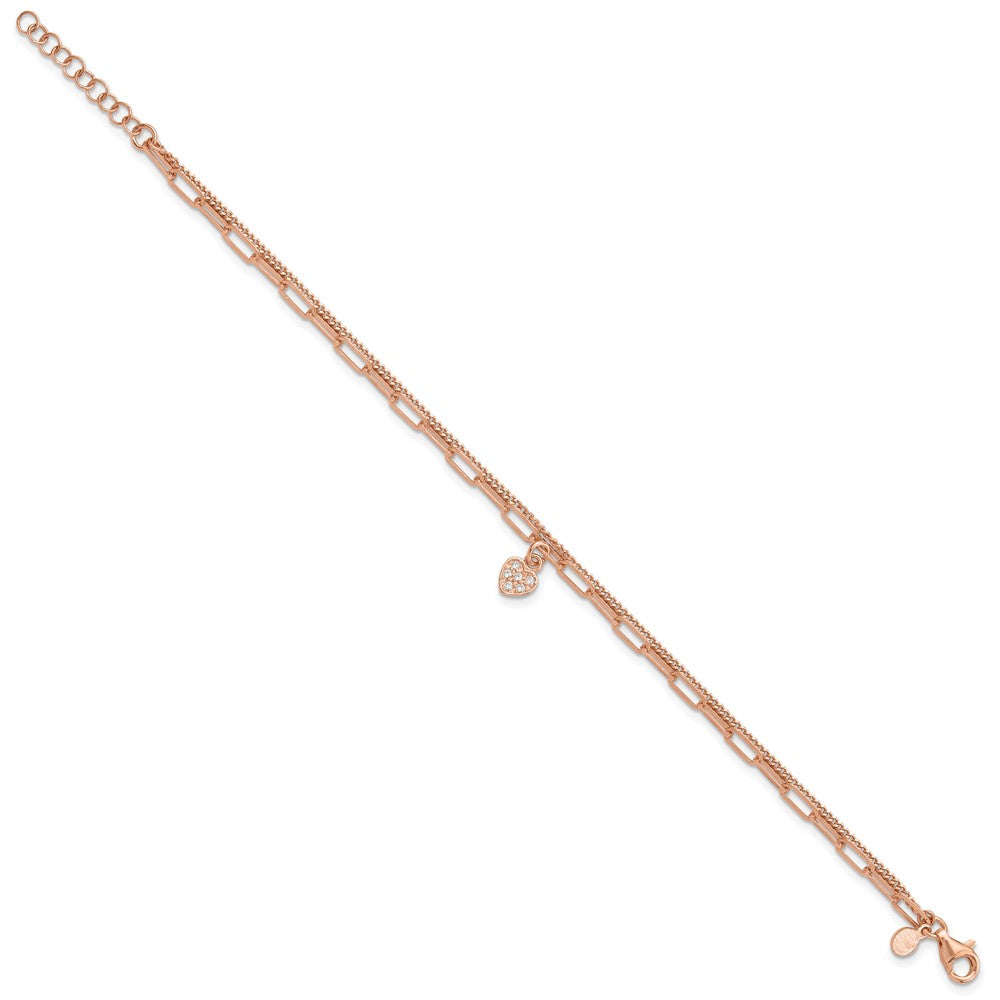 Sterling Silver Rose Gold-plated CZ Heart 6.75in w/1in ext. Bracelet