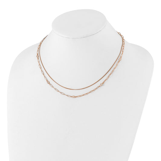 Sterling Silver Rose Gold-plated Bezel CZ Paperclip and Curb Link 2-Strand 17 inch with 2 inch Extension Necklace