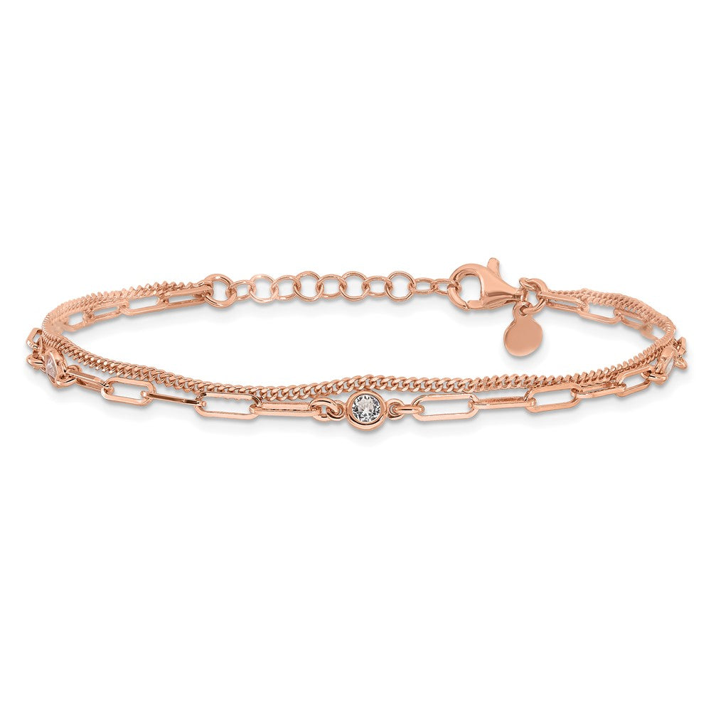 Sterling Silver Rose Gold-plated CZ 2 Strand 6.75in w/1in ext. Bracelet