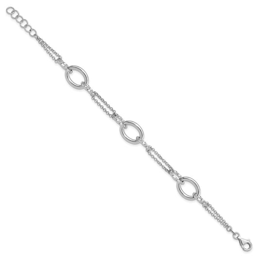 Sterling Silver Rhodium-plated Polished and Twisted Interlocking Circles 7 inch with 1 inch Extension Bracelet