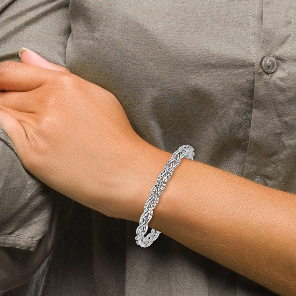 Sterling Silver Polished Rhodium-plated Diamond-cut Braided Bracelet