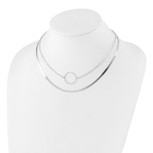 Sterling Silver Rhodium-plated Circle on Paperclip Chain and Herringbone 2-Strand 16 inch with 2 inch Extension Necklace