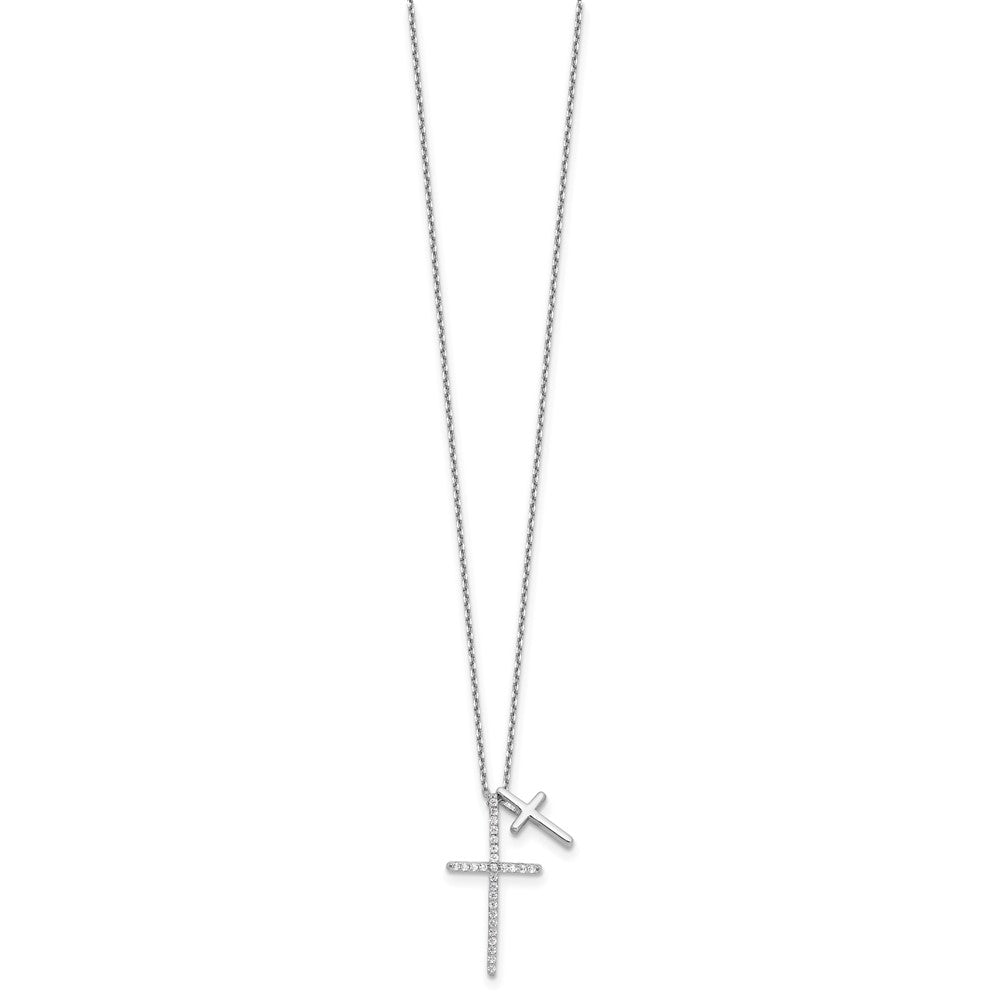 Sterling Silver Rhodium-plated with CZ Double Cross 16in +2in ext Necklace