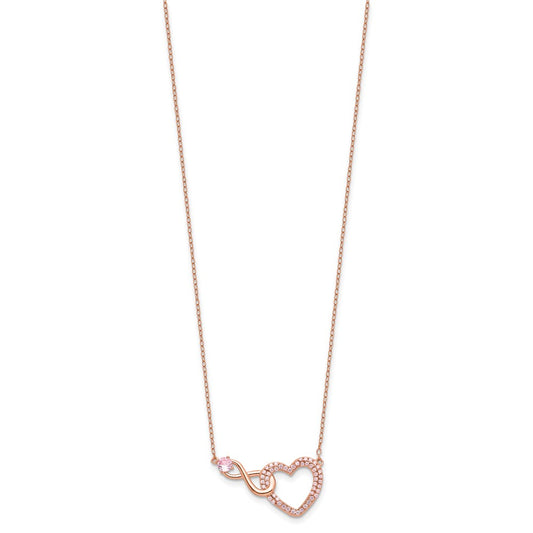 Sterling Silver Rose-plated Pink CZ Heart and Infinity 18 inch with 2 inch Extension Necklace