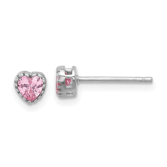 Sterling Silver Rhodium-plated Polished Pink CZ Heart Children's 13in w/2in Ext. Necklace & Stud Earring Set