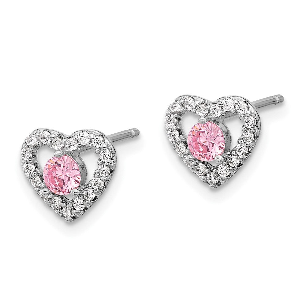 Sterling Silver Rhodium-plated Polished Pink & White CZ Heart Children's 10in w/2in Ext. Necklace & Post Earring Set