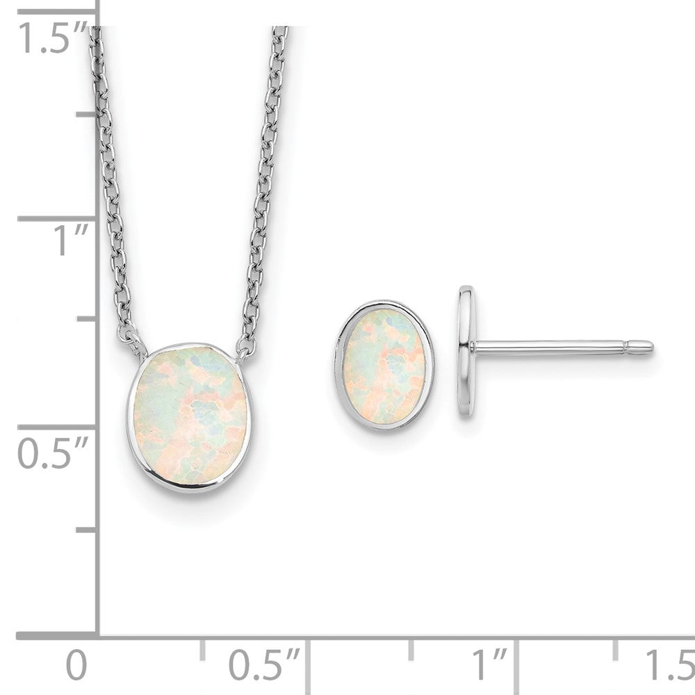 Sterling Silver RH-pl Cr.Opal Oval 16in Necklace w/1.75 ext/Earring Set