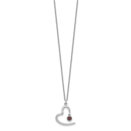 Sterling Silver Rhod-pltd Open Heart .06 Garnet 16in w/2in Ext Necklace