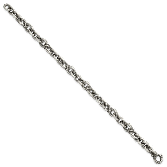 Sterling Silver Black Ruthenium-plated Brushed and Textured Fancy Link Mens 8.25 inch Bracelet