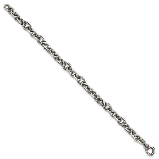 Sterling Silver Oxidized Polished and Textured Round Fancy Cable Link Mens 8.25 inch Bracelet