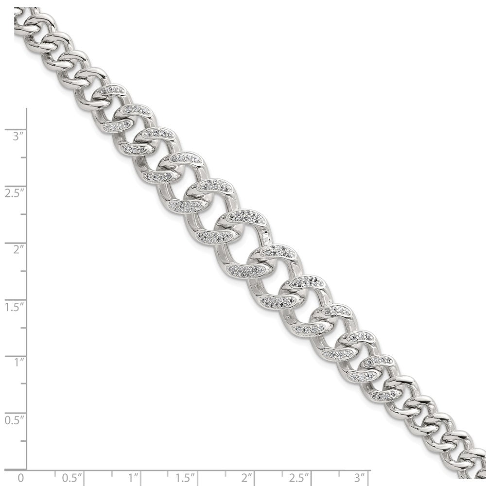 Sterling Silver Polished Graduated CZ Curb Link 9 Inch Men's Bracelet