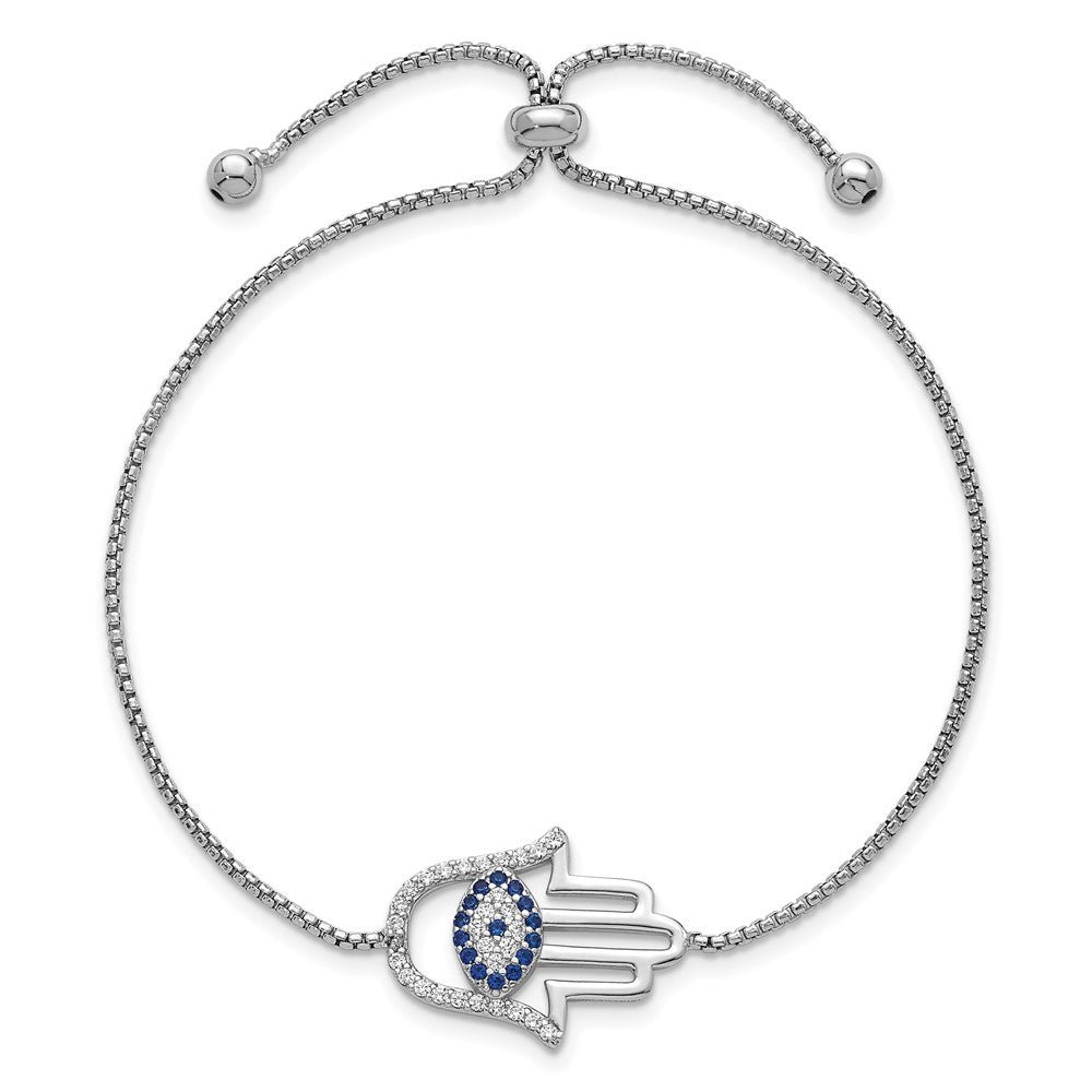 Sterling Silver Rhodium-plated Polished Lab Created Blue Spinel and White CZ Evil Eye Hamsa Adjustable Bolo Bracelet