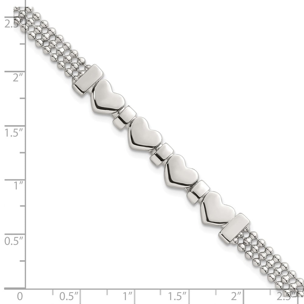 Sterling Silver Polished and Beaded 4-Hearts 7.25 Inch Bracelet