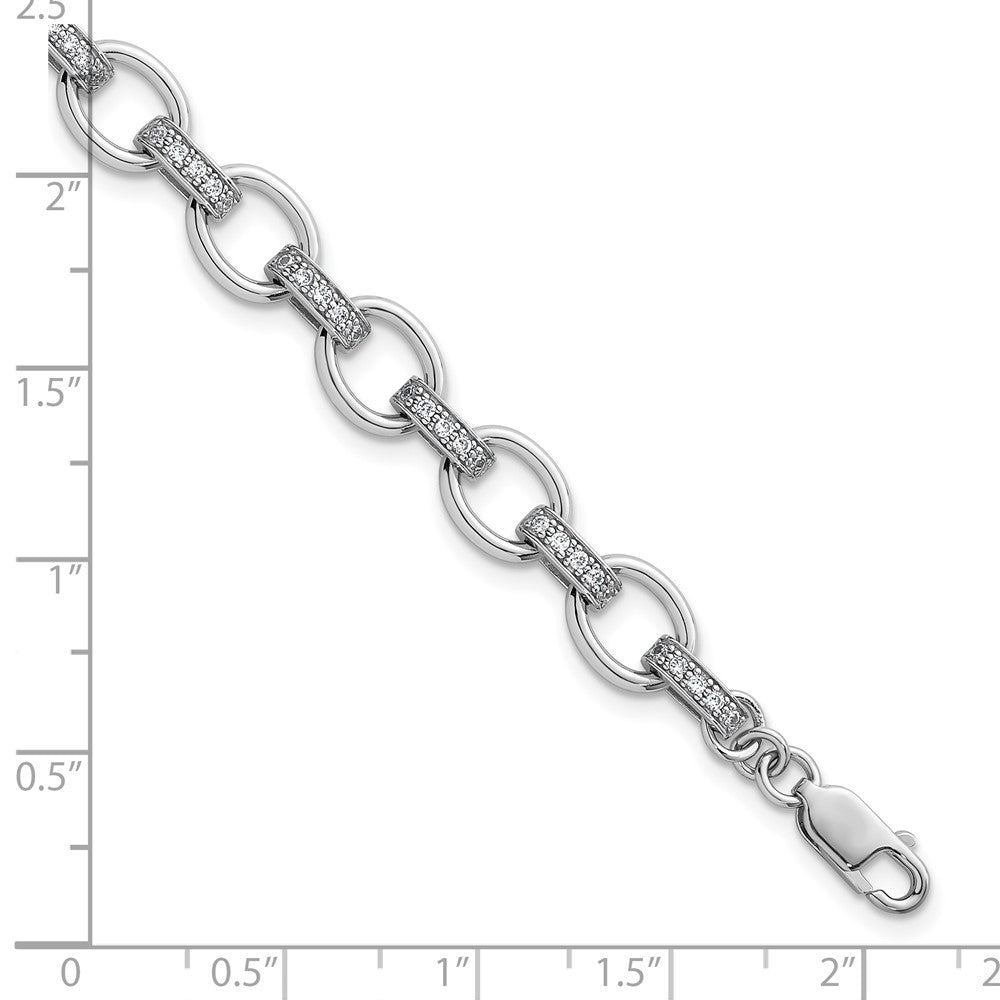 Sterling Silver Rhodium-plated Oval Link with CZ Bars 7 inch with 0.75 inch Extension Bracelet