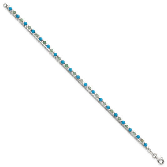 Sterling Silver Polished Green Aventurine and Turquoise Beaded Double Strand 7.5 inch Bracelet