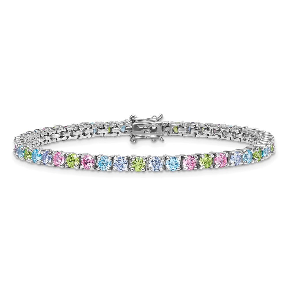 Sterling Silver Rhodium-plated Polished Pastel Green, Pink, Blue and Purple CZ 7.25 inch Bracelet