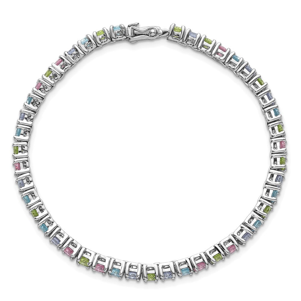 Sterling Silver Rhodium-plated Polished Pastel Green, Pink, Blue and Purple CZ 7.25 inch Bracelet