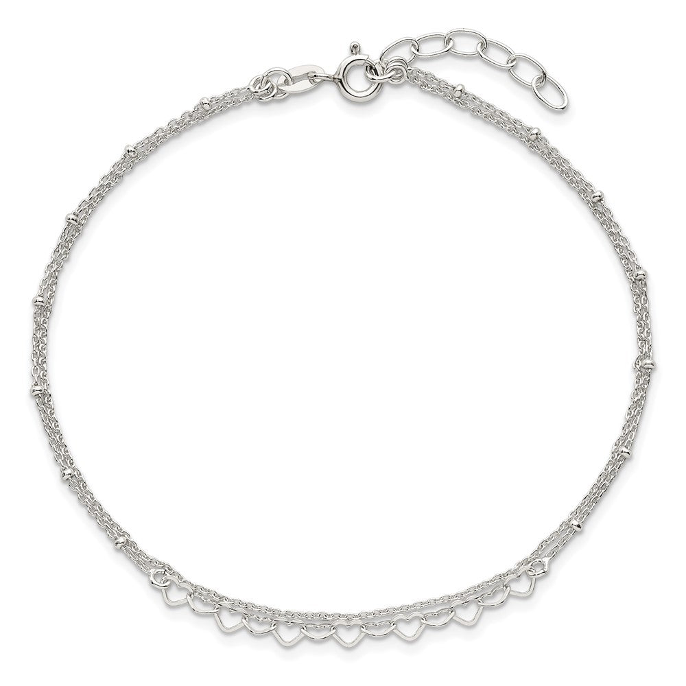 Sterling Silver Beaded Hearts Double Strand 9 inch with 1 inch Extender - Total 10 inch Anklet