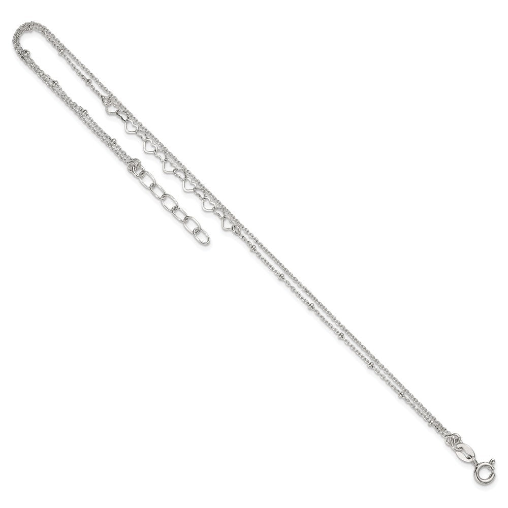 Sterling Silver Beaded Hearts Double Strand 9 inch with 1 inch Extender - Total 10 inch Anklet