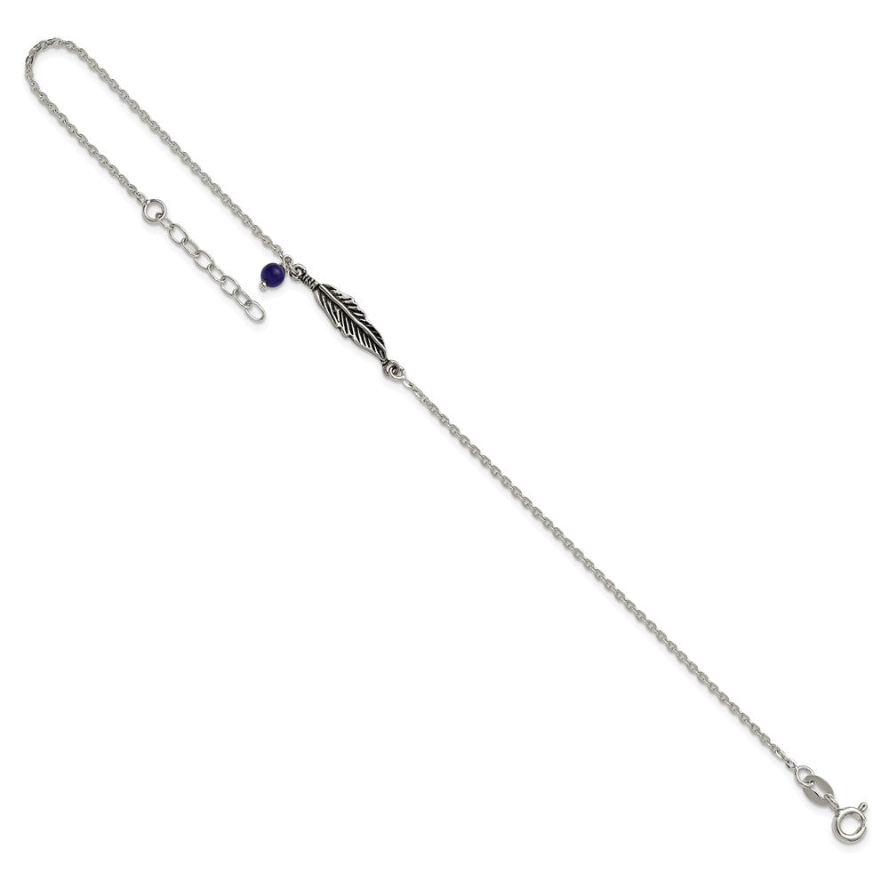 Sterling Silver Antiqued Blue Lapis/Feather 9 inch Plus 1 inch Extender - Total 10 inch Anklet
