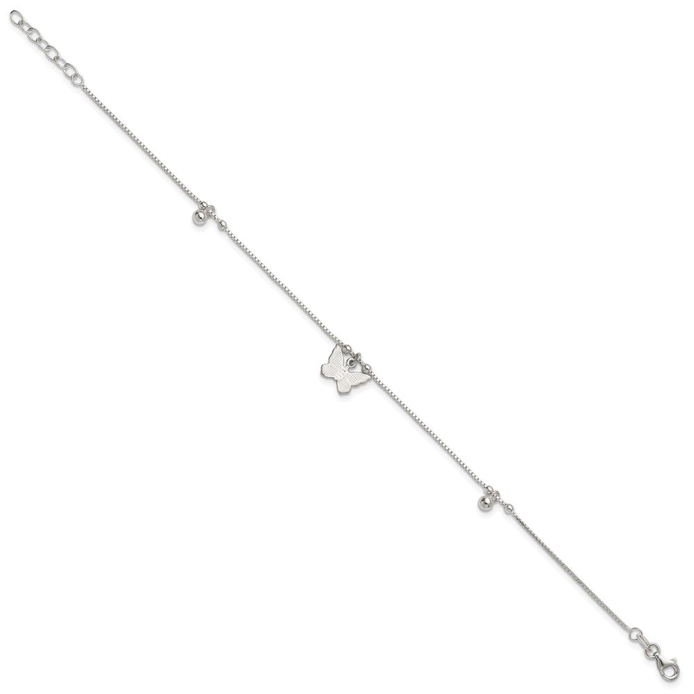 Sterling Silver Beaded Butterfly 9 inch Plus 1 inch Extender - Total 10 inch Anklet