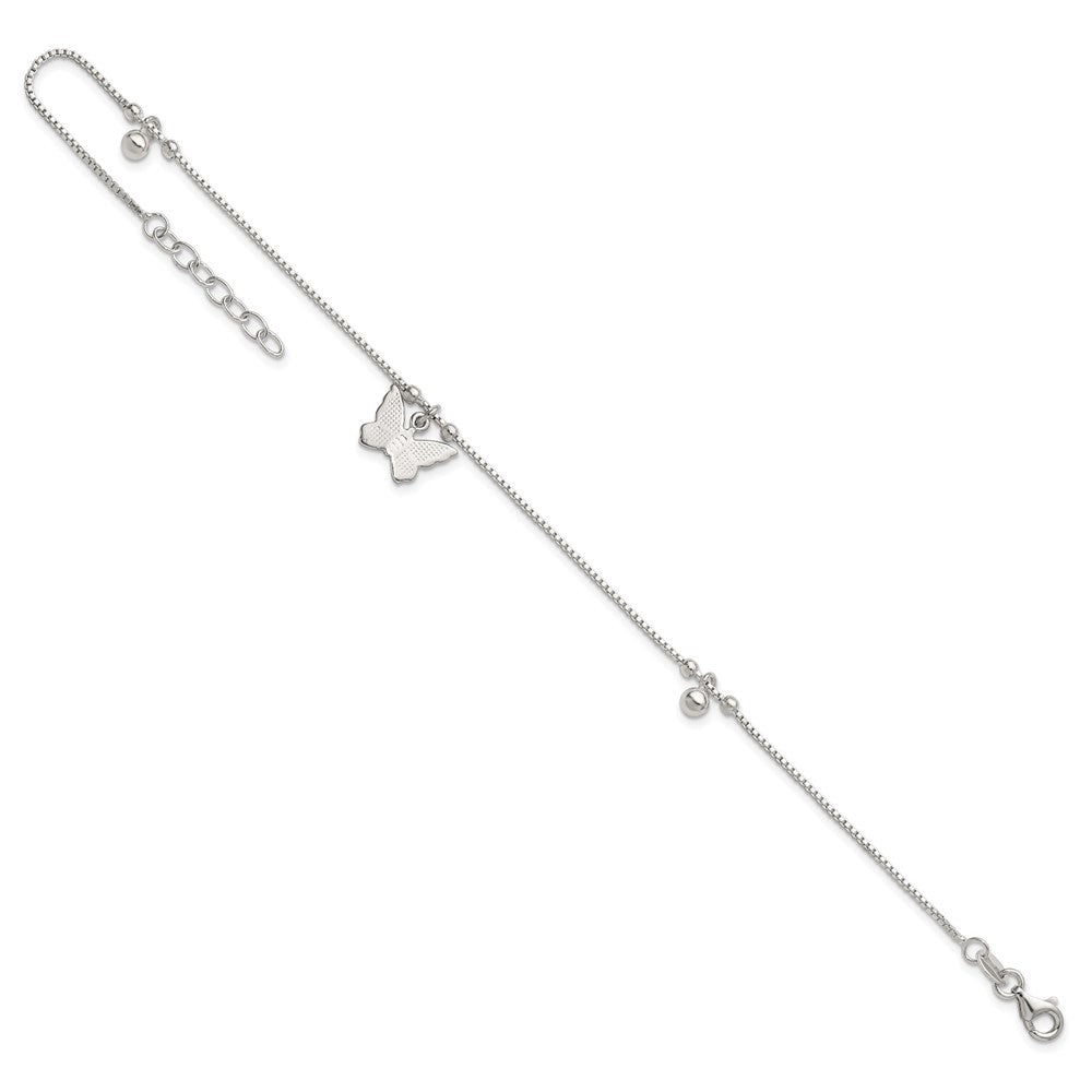 Sterling Silver Beaded Butterfly 9 inch Plus 1 inch Extender - Total 10 inch Anklet
