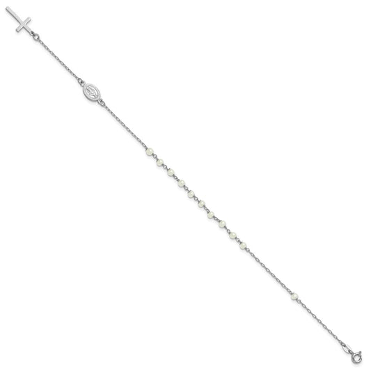 Sterling Silver Rhodium-plated Polished Freshwater Cultured Pearl Cross and Miraculous Medal 10 Inch Anklet