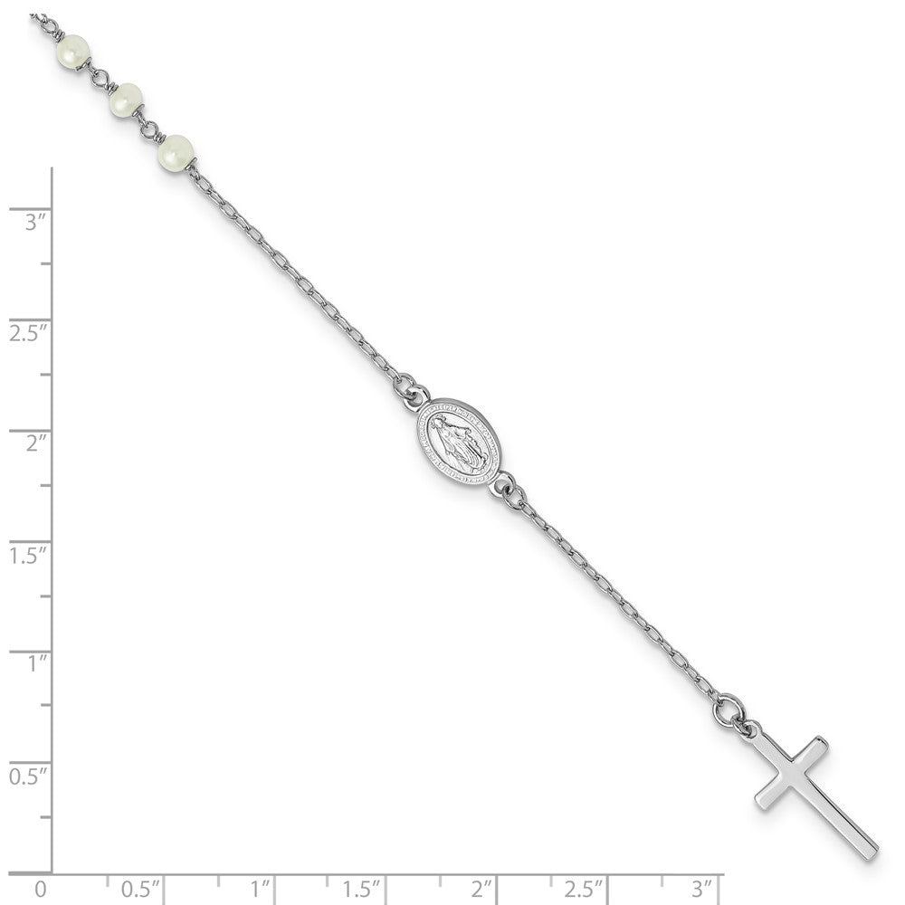 Sterling Silver Rhodium-plated Polished Freshwater Cultured Pearl Cross and Miraculous Medal 10 Inch Anklet