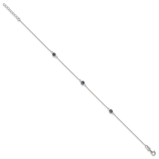 Sterling Silver Glass Evil Eye 3-Station 9 inch Plus 1 inch Extender - Total 10 inch Anklet