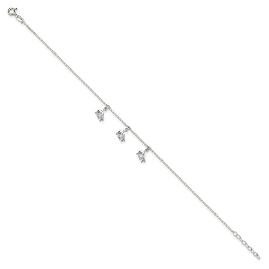 Sterling Silver CZ Dolphin Charms 9 inch Plus 1 inch Extender - Total 10 inch Anklet