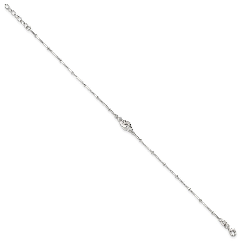 Sterling Silver Beaded CZ Interlocked Circles 9 inch Plus 1 inch Extender - Total 10 inch Anklet