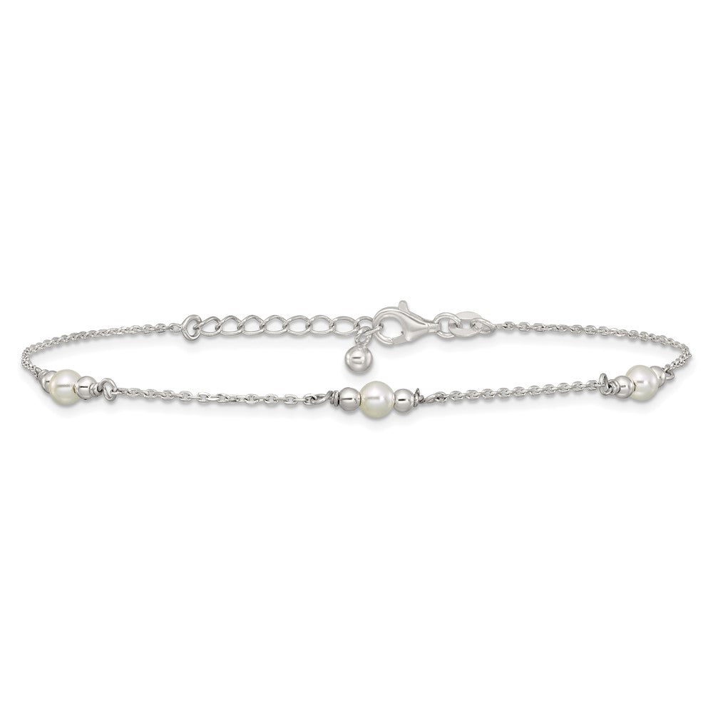 Sterling Silver Beaded and Acrylic Pearl 9 inch Plus 1 inch Extender - Total 10 inch Anklet