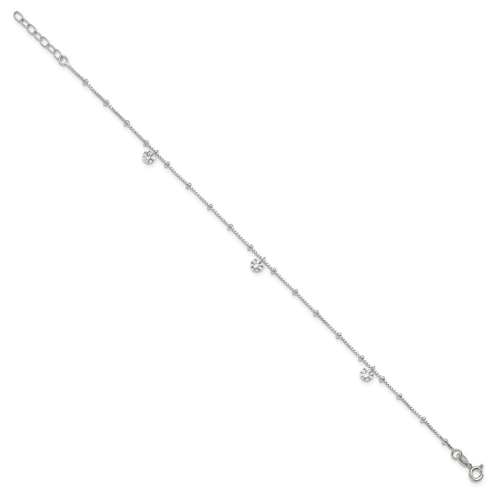 Sterling Silver Beaded CZ 9 inch Plus 1 inch Extender - Total 10 inch Anklet