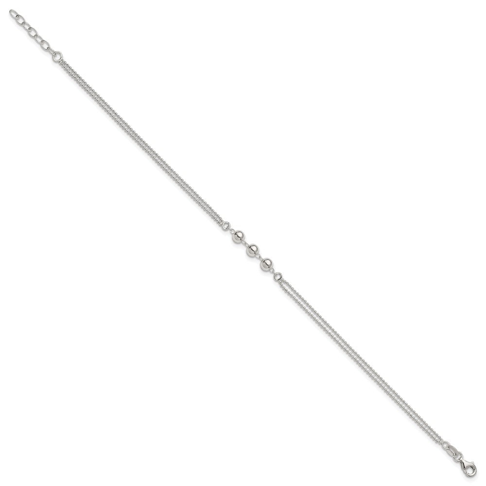 Sterling Silver Beaded 2-Strand 9 inch Plus 1 inch Extender - Total 10 inch Anklet